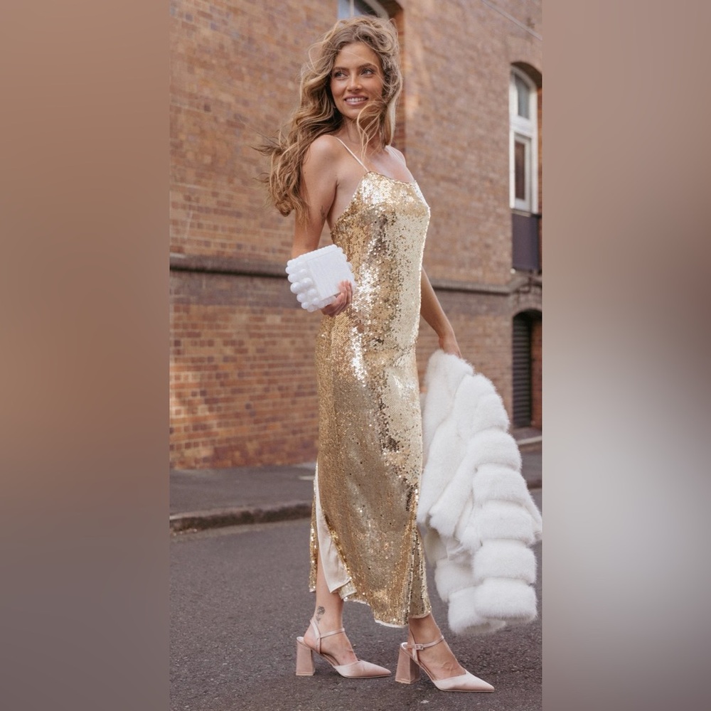 Petal & Pup NWOT Karley Sequin maxi dress beige.